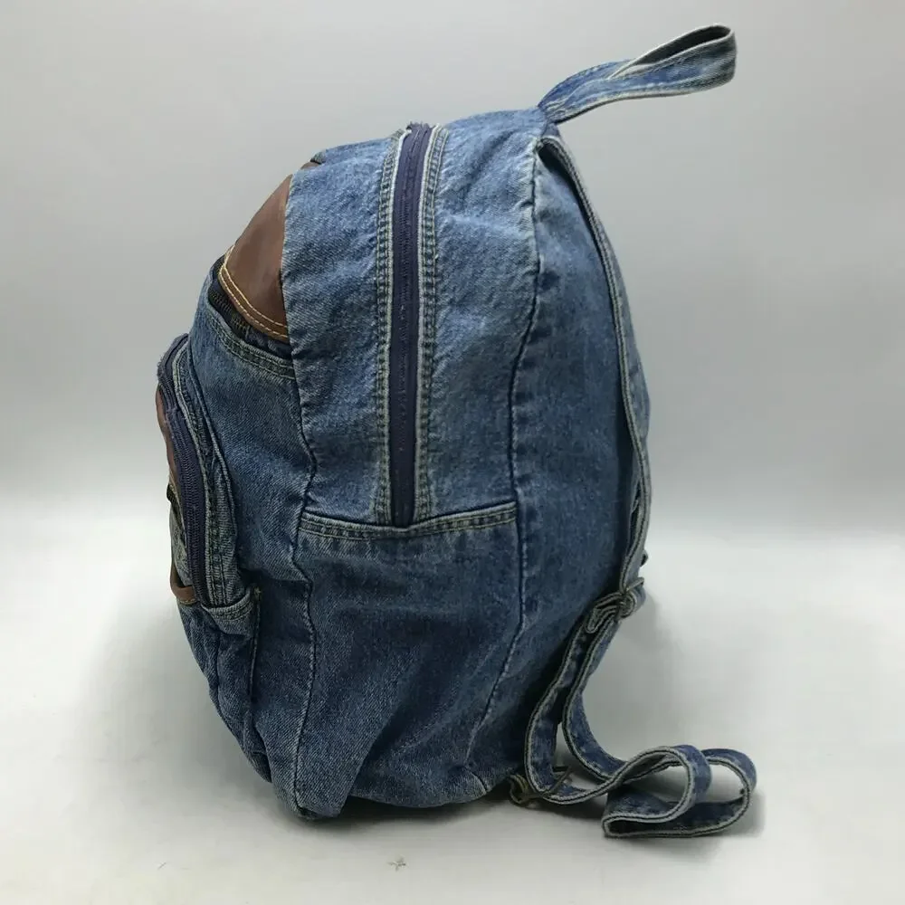 Vintage Riders Blue Jean Denim Backpack Leather Accents Utility Book Bag 90s